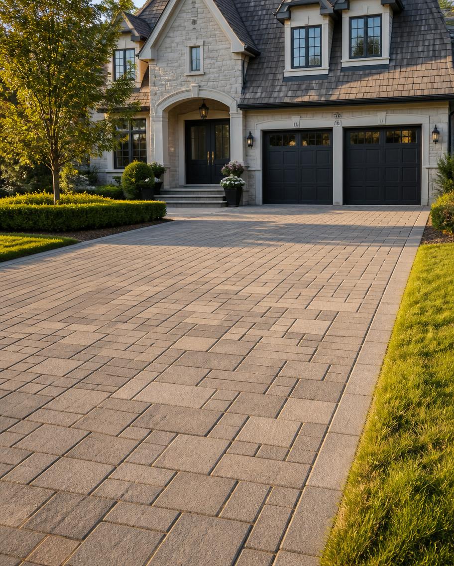 Freshly relaid interlocking stone driveway with tight, level joints at a Toronto-area home