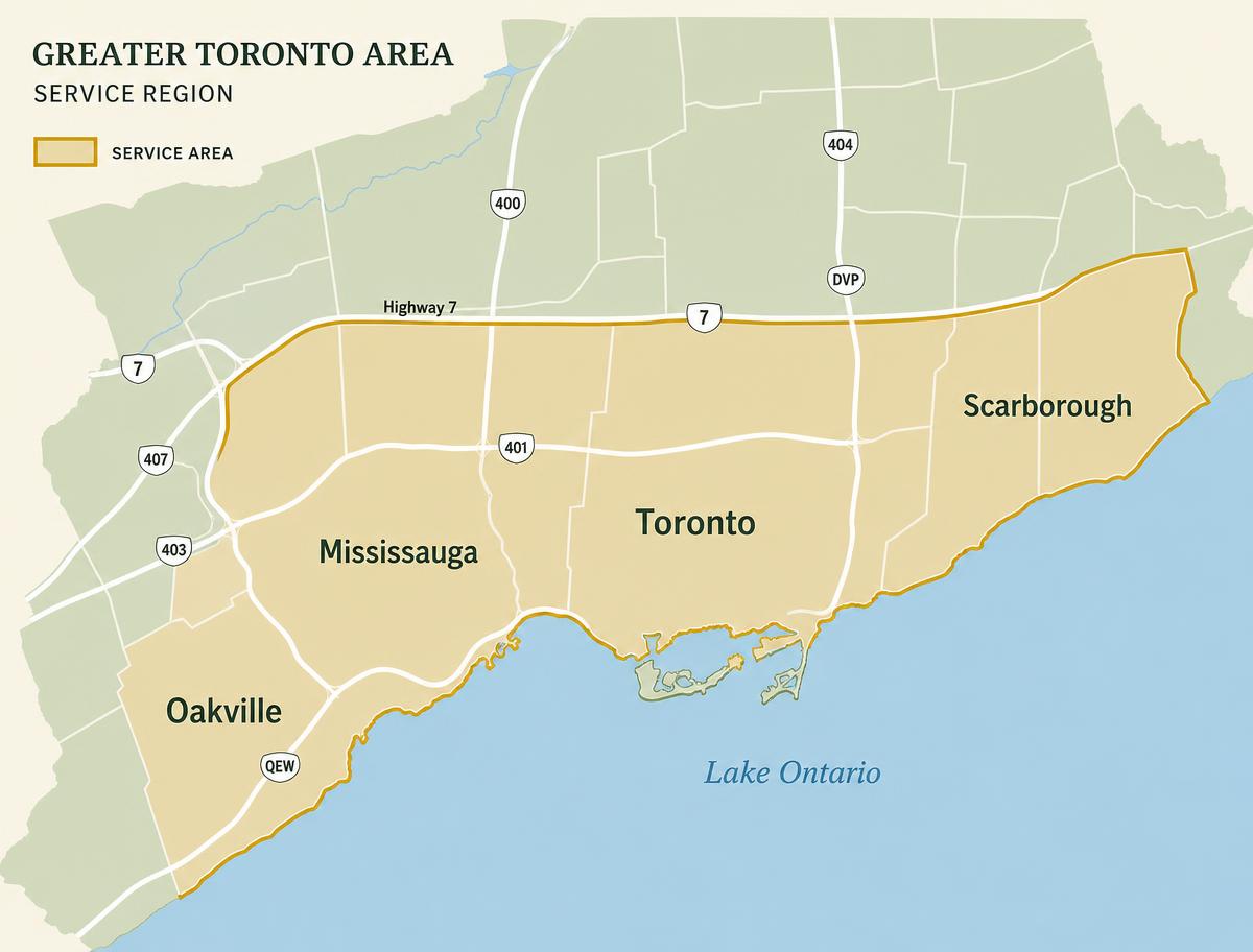 Map of the UrbanScapes snow removal service area covering Oakville, Mississauga and Toronto south of Highway 7 east to Scarborough