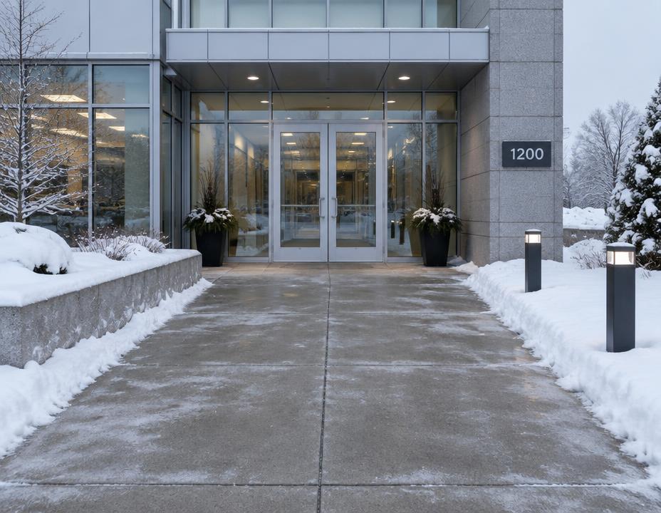 Cleared and salted entrance walkway at a commercial building in winter