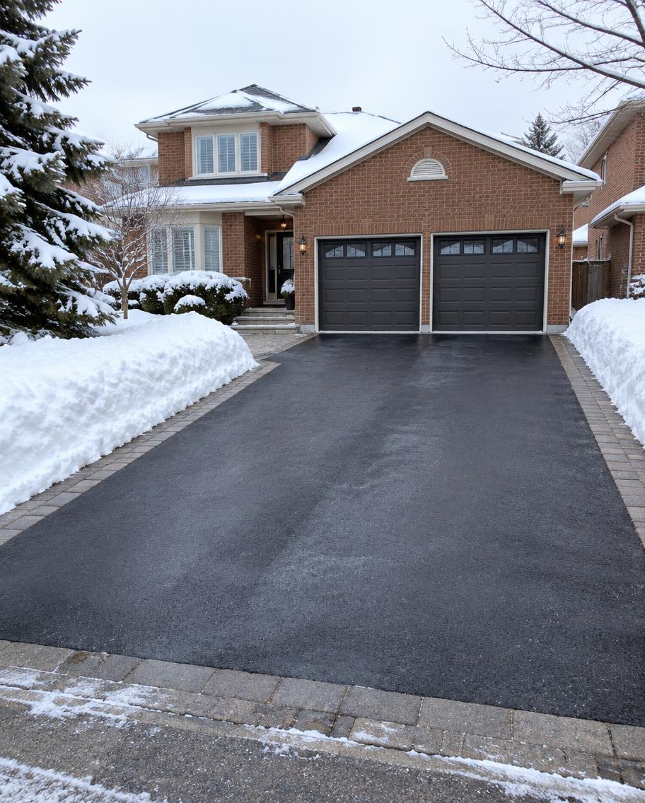 Cleared residential driveway after a Toronto snowfall, with snow banked neatly to the side