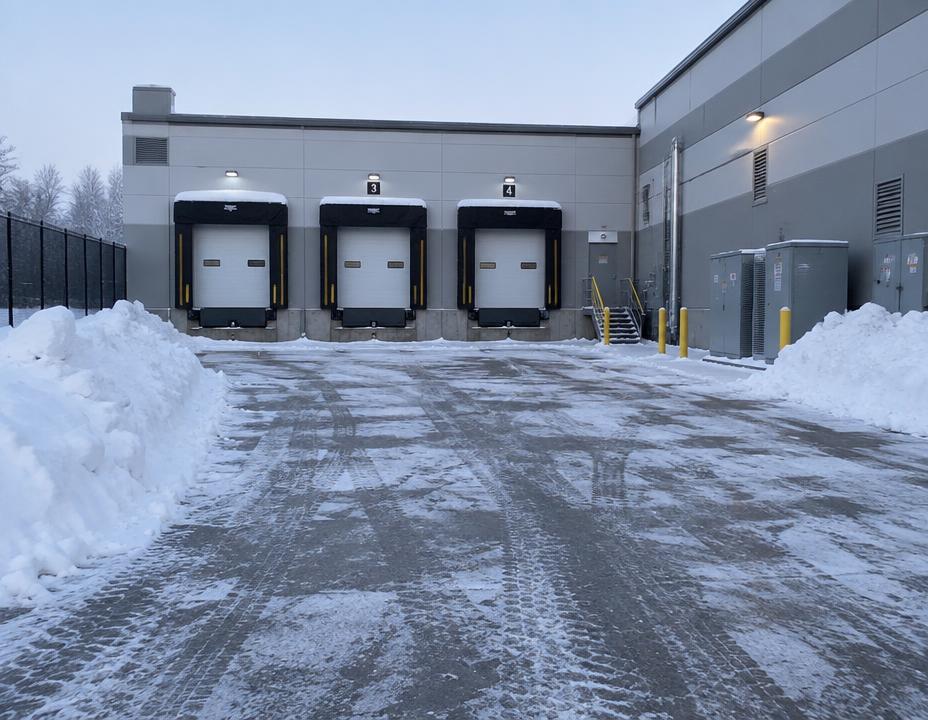 Loading dock area of a commercial property cleared of snow with banks pushed to the edges
