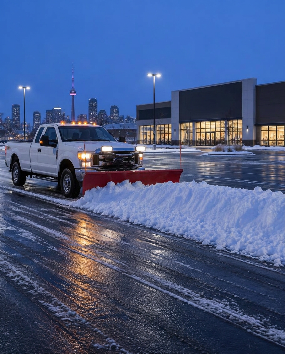 Commercial parking lot being plowed clear of snow in front of a Toronto business at dusk