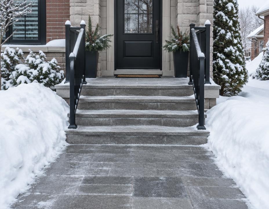 Cleared front steps and entrance of a Toronto home in winter