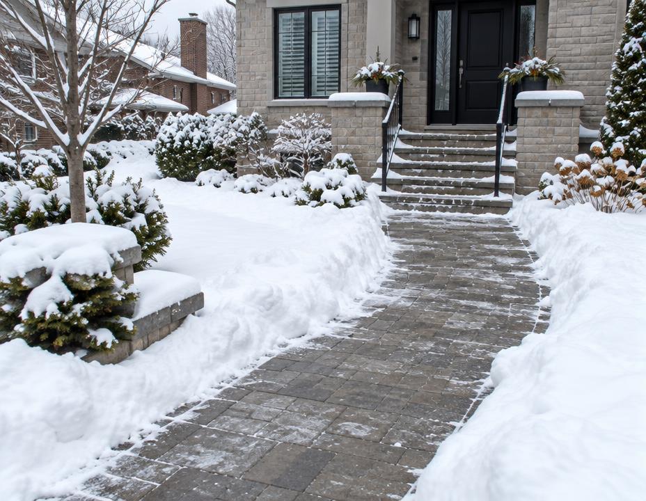 Freshly shovelled private walkway beside a snow-covered lawn