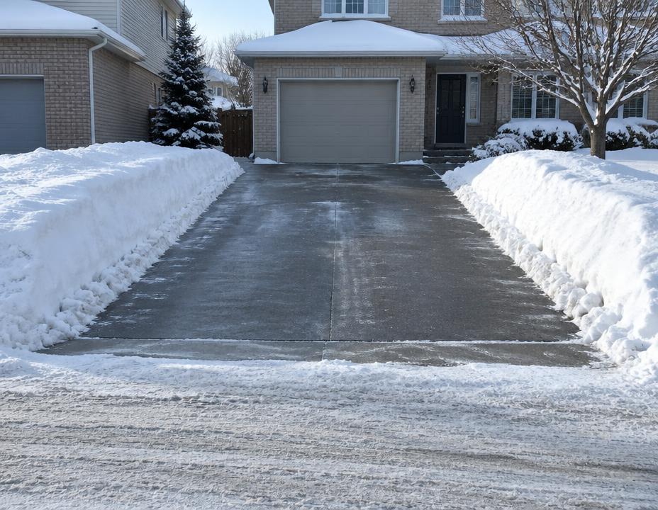 Snow windrow left by a city plow being cleared from the end of a driveway