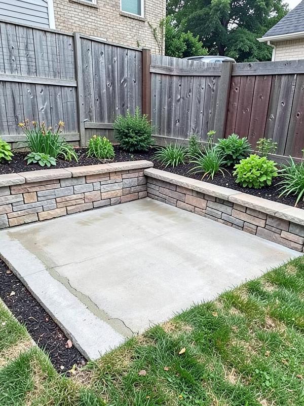 Repaired poured concrete pad framed by a stone retaining wall in a backyard