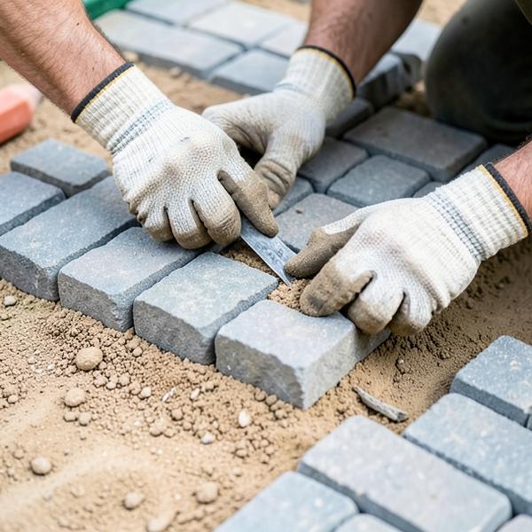 Landscaper setting an interlocking paver into a freshly leveled base