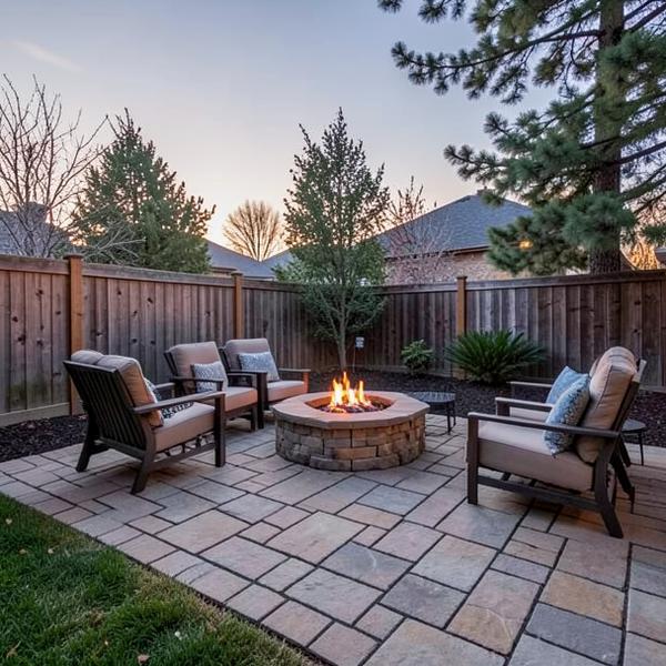 Relaid interlocking stone backyard patio with seating and a fire pit